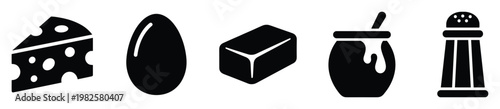Collection of essential breakfast food icons including cheese, egg, butter, honey, and salt shaker, perfect for menus, recipe layouts, or culinary themed applications