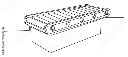 Simple continuous line drawing of a conveyor belt system depicting industrial manufacturing and logistics processes, useful for business presentations or engineering diagrams.