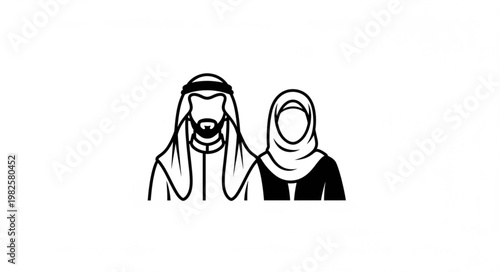 Traditional Arab Couple in Black and White Line Art.