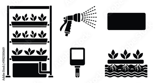 Essential gardening and hydroponics system icons for modern agriculture and sustainable plant cultivation technology demonstrations