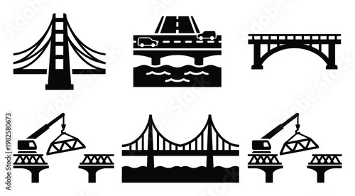 Diverse bridge icons featuring suspension, arch, and beam bridge designs, also showing construction stages with cranes, ideal for engineering, infrastructure, and transportation themed