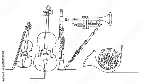 Contemporary single line drawing of classical orchestra instruments violin, cello, clarinet, trumpet, flute, and french horn, ideal for music school branding and cultural event promotion.