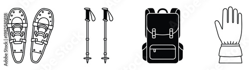 Snowshoeing and hiking essentials including winter snowshoes, sturdy trekking poles, a durable backpack, and warm gloves for cold weather outdoor sports and adventure travel graphics