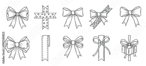 Collection of outlined bows and decorative ribbons for holiday presents, event adornment, and festive packaging graphic resource.