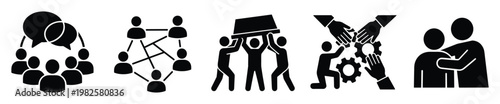 Collection of silhouette icons illustrating communication, networking, team collaboration, problem solving, and mutual support ideal for business presentations, corporate websites, and