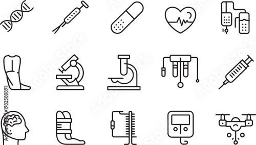 Medical icons depicting various healthcare symbols including diagnostic tools laboratory equipment and clinical devices for professional use in health websites
