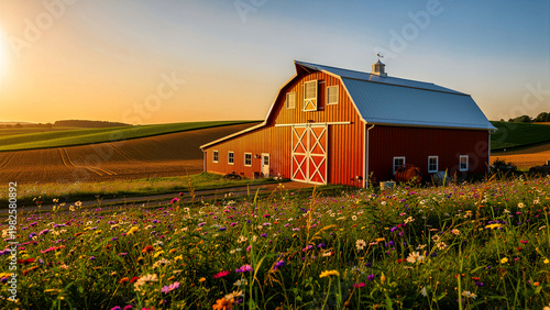 A classic red barn with a contrasting white metal roof and cupola stands majestically amidst a vibrant, colorful wildflower meadow, bathed in the warm, golden glow of a beautiful sunset.