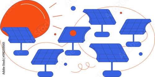 Solar panel array on a green hill with a stylized sun and wind turbine, representing clean renewable energy concept.