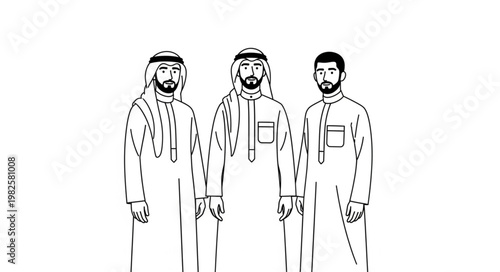 Three men in traditional Arab clothing standing together in a line.