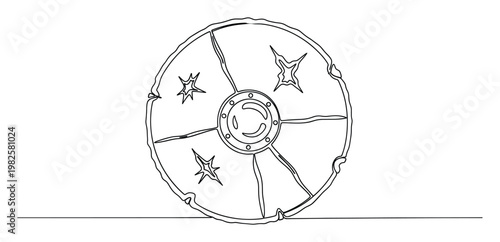 Minimalist continuous line art depicting a weathered battleworn circular shield with embossed details and starshaped impacts, suitable for game development and educational materials.