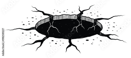 Deep ground fissure with radiating cracks creating a menacing dark void, suitable for conveying danger, collapse, or a challenging situation in various projects.