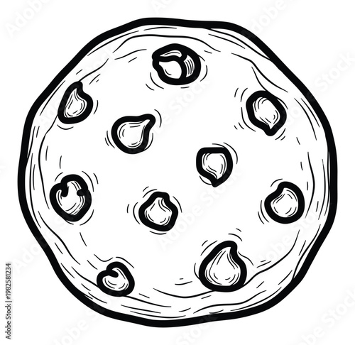 Appetizing classic chocolate chip cookie dessert snack hand drawn outline for bakery menu, sweet treat packaging, or delicious food blog content