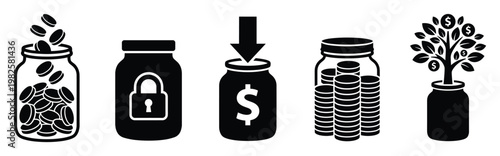 Collection of money saving and financial growth icons featuring coin jars, security locks, and prosperity trees for illustrating investment strategies and economic concepts