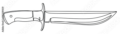 Simple continuous line drawing of a fixed blade knife with a prominent guard, ideal for outdoor survival guides, adventure themed branding, or weapon related graphic assets.