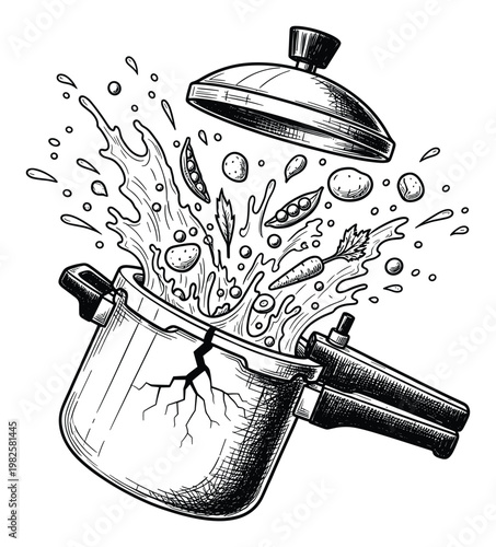 Dynamic handdrawn illustration of an exploding pressure cooker with vegetables and liquid splashing out, depicting a kitchen cooking accident or culinary disaster for safety warnings and