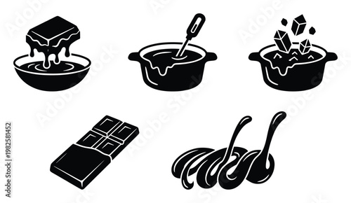 Sweet chocolate preparation icons showing melting, stirring, and adding ingredients in pots, an unwrapped chocolate bar, and spoons with flowing syrup for baking concepts.