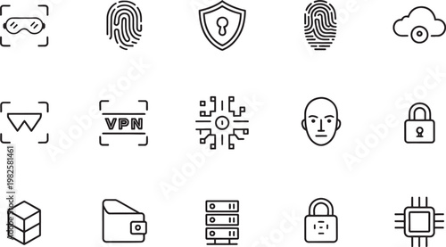 A versatile collection of outline icons depicting advanced cybersecurity, data protection, biometrics, and essential digital technology elements.