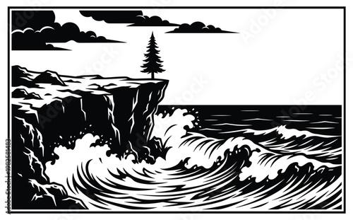 Dramatic seascape with crashing waves on cliff edge under cloudy sky