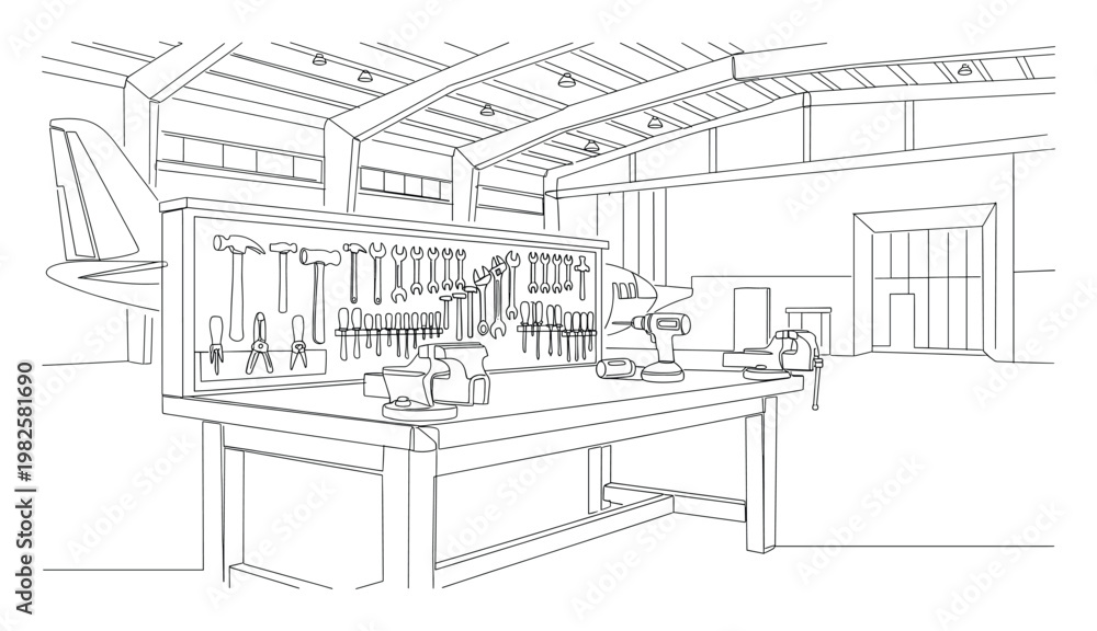 Fototapeta premium Detailed line drawing of a wellequipped workshop or aircraft hangar featuring a workbench covered with various tools and an airplane tail in the background, suitable for industrial themes,