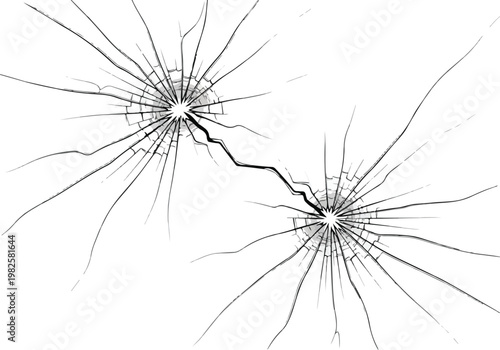 Abstract crack vector graphic with two impact points and jagged fracture lines on white background