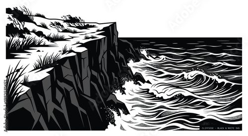 Dramatic black and white illustration of a rugged cliff face meeting crashing ocean waves