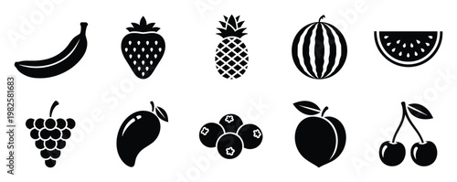 A comprehensive collection of fresh fruit icons perfect for healthy food branding, organic market promotions, nutritional product packaging, or dietary app user interface elements.