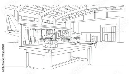 Detailed line drawing of a wellequipped workshop or aircraft hangar featuring a workbench covered with various tools and an airplane tail in the background, suitable for industrial themes,