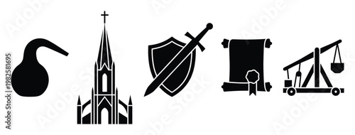 Historical and medieval symbols including a distillery still, gothic church, shield, sword, ancient scroll, and siege engine for educational or thematic visual content.