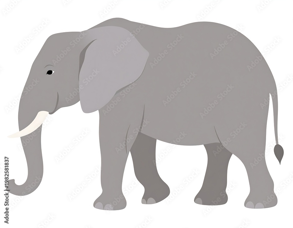 Obraz premium Simple cartoon of a gray elephant, showcasing a large body, trunk, tusks, and big ears, standing against a white backdrop
