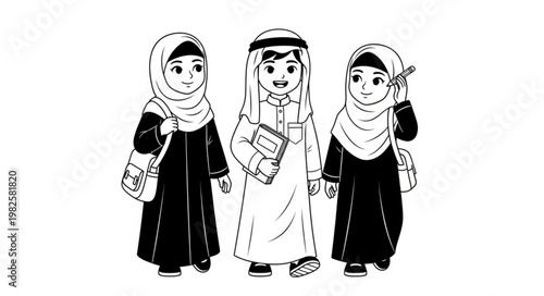 Three young Muslim children in traditional attire, ready for school.