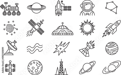 Detailed collection of outer space exploration icons featuring planets rockets satellites astronauts and various celestial bodies for modern graphic design
