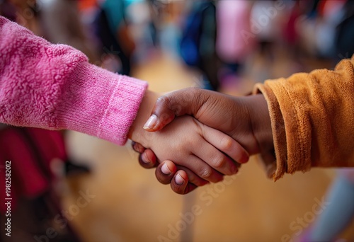A close-up captures a heartwarming handshake between two young children, symbolizing unity and friendship.