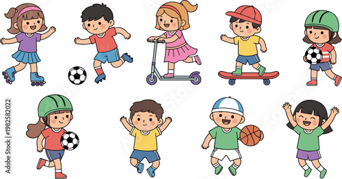 Active Kids Playing Sports, Roller Skating, Soccer, Skateboarding, and Basketball Illustrations for Childhood, Fun, and Outdoor Activities