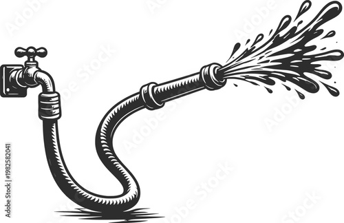 Flexible Garden Hose with Spray Nozzle Vintage Line Art Illustration.