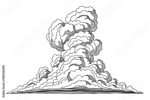 Hand drawn powerful cumulus cloud or towering smoke plume with hatched shading for dramatic weather graphics, atmospheric effect designs, or environmental warning visuals