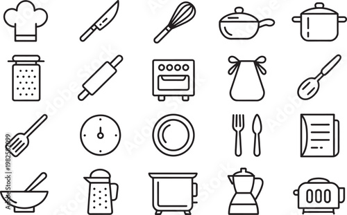 A comprehensive collection of diverse kitchen utensils and cooking appliances presented as minimalist outline icons for culinary design projects.