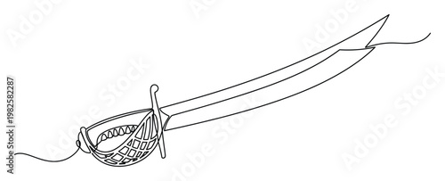 Elegant curved blade saber with intricate basket hilt rendered in a minimalist continuous line drawing style perfect for historical themes and adventurous concepts