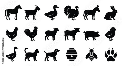 A comprehensive collection of black silhouette icons featuring various farm and domestic animals along with related symbols suitable for educational and graphic design projects