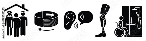 Modern black glyph icons for accessibility, inclusive design, and disability support, featuring family home, adjustable tech, hearing communication, prosthetic, and accessible shower.
