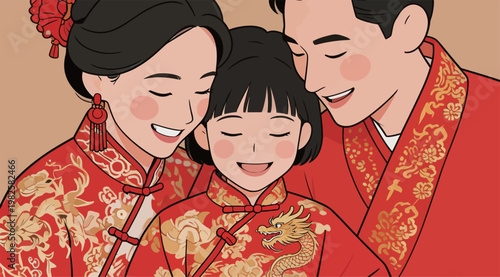 Happy Family in Traditional Chinese Red Outfits