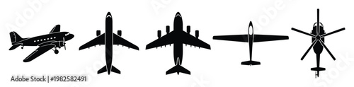 Collection of diverse aircraft silhouettes including propeller planes, various jet airliners, and a helicopter, ideal for aviation related projects, travel themes, or informational graphics