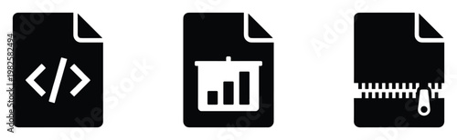 Programming code file, data presentation report, and compressed archived file icons representing digital documents and information management for technology and business applications