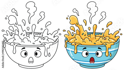 Soup bowl with a cute face and splashing hot liquid in line art and color for a fun kids coloring page
