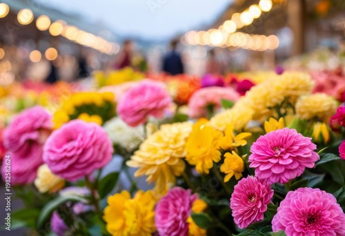 Beautiful pink roses blooming at a twilight flower market
