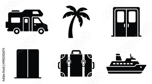 Collection of travel and vacation themed black glyph icons including a camper van, palm tree, luggage, and cruise ship for summer holiday transportation and destination concepts.