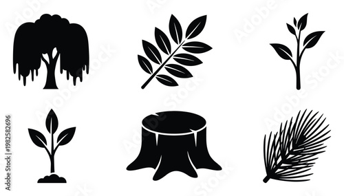 Collection of diverse plant and tree silhouettes featuring a weeping willow, leafy branch, young sprout, seedling, tree stump, and pine needles perfect for ecology and naturethemed designs.