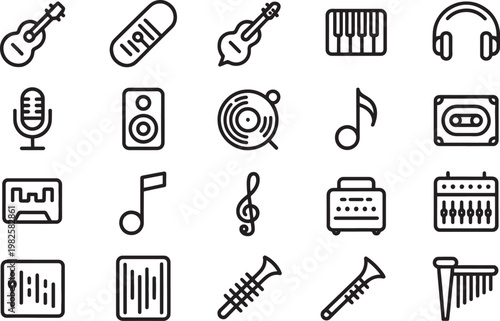 Various musical equipment and instruments represented as simple line icons displayed in a grid for creative and artistic design projects