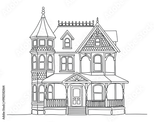 Elegant Victorian house drawn in a captivating continuous line style, perfect for architectural design projects, vintage home decor inspiration, or a unique coloring book page.