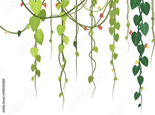 Green hanging vines with red flowers and yellow buds, jungle plant decor