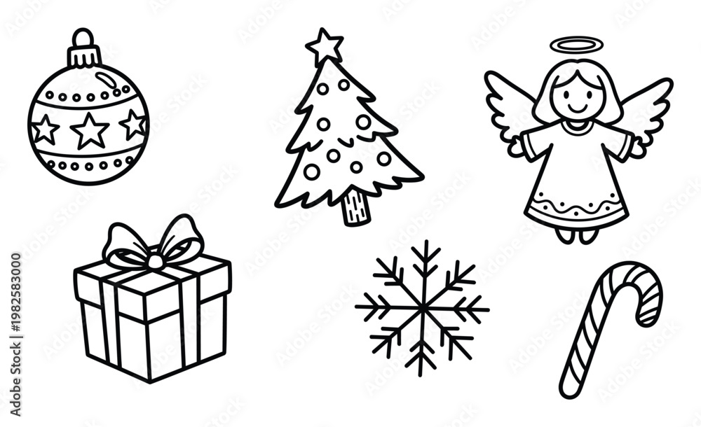 Fototapeta premium A collection of festive holiday symbols featuring a Christmas tree, ornament, angel, gift box, snowflake, and candy cane for seasonal designs and childrens activities.